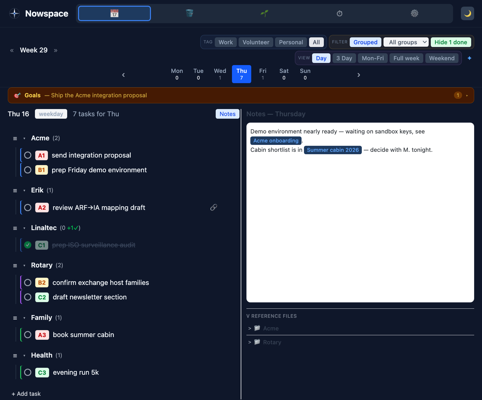 Nowspace day view — work, volunteer and personal tasks separated, with the day's notes beside them
